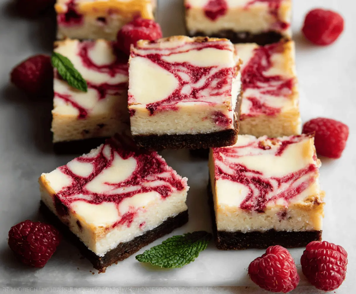Delicious White Chocolate Raspberry Cheesecake Bars with a creamy topping and fresh raspberries on top.