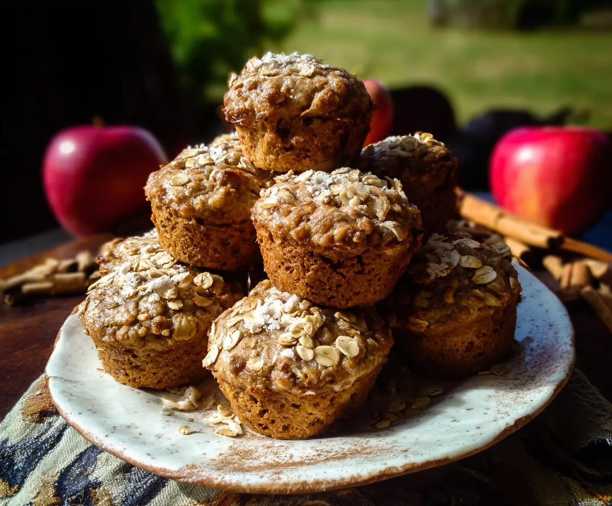Delicious homemade Apple Cinnamon Oat Muffins on a rustic plate, perfect for breakfast or snack.