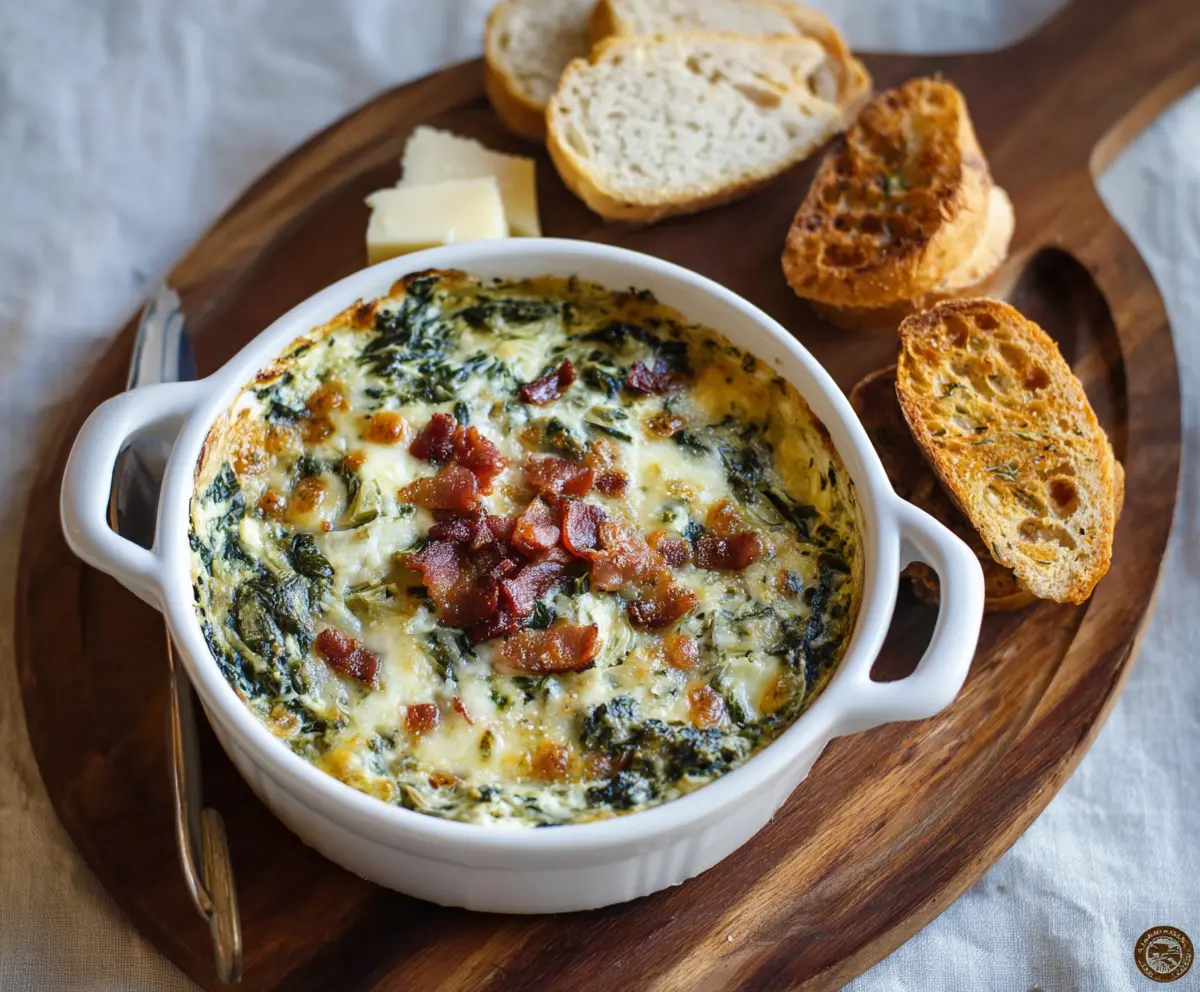 Creamy bacon spinach artichoke dip served with crispy chips, perfect for parties and gatherings.