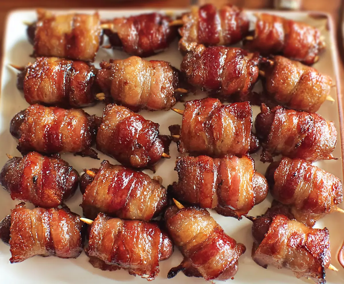 Bacon-Wrapped Little Smokies appetizer on a plate, crispy and savory, perfect for parties.
