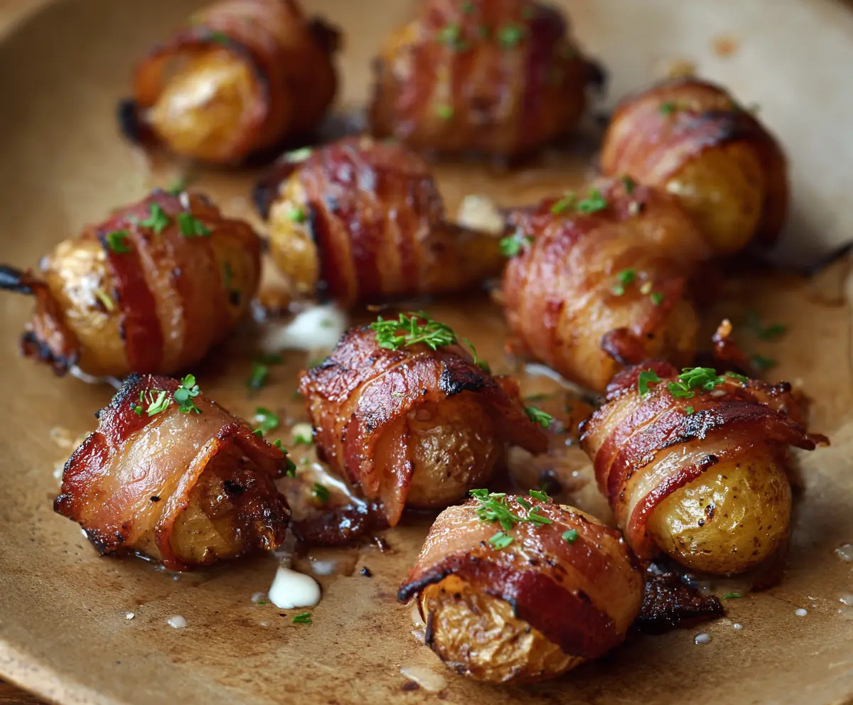 Delicious bacon-wrapped potato bites served on a platter, perfect for appetizers.