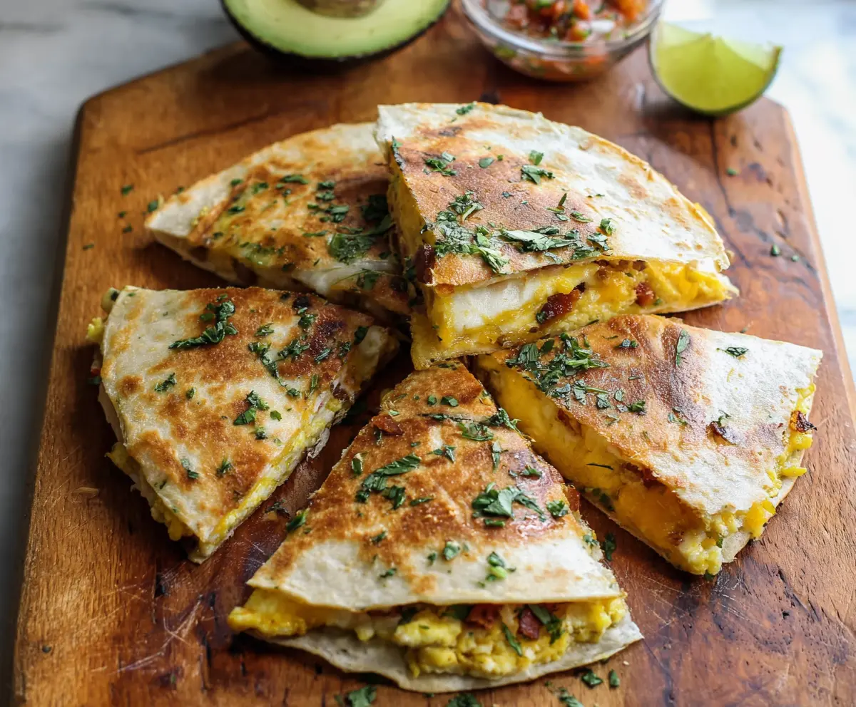 Delicious baked breakfast quesadillas with melted cheese and fresh ingredients served on a plate.