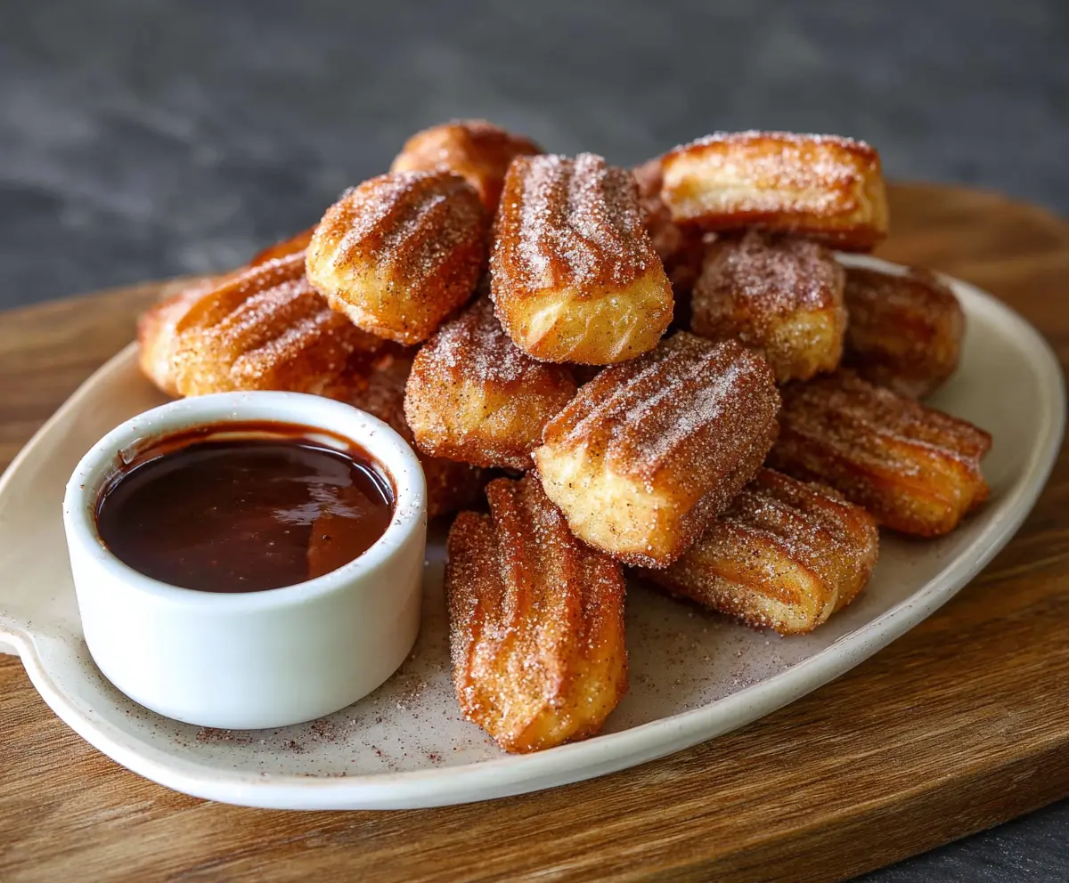 Delicious baked churro bites sprinkled with cinnamon sugar on a plate