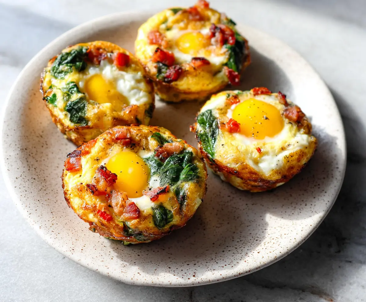 Delicious baked egg breakfast cups with spinach and cheese served in muffin tins.