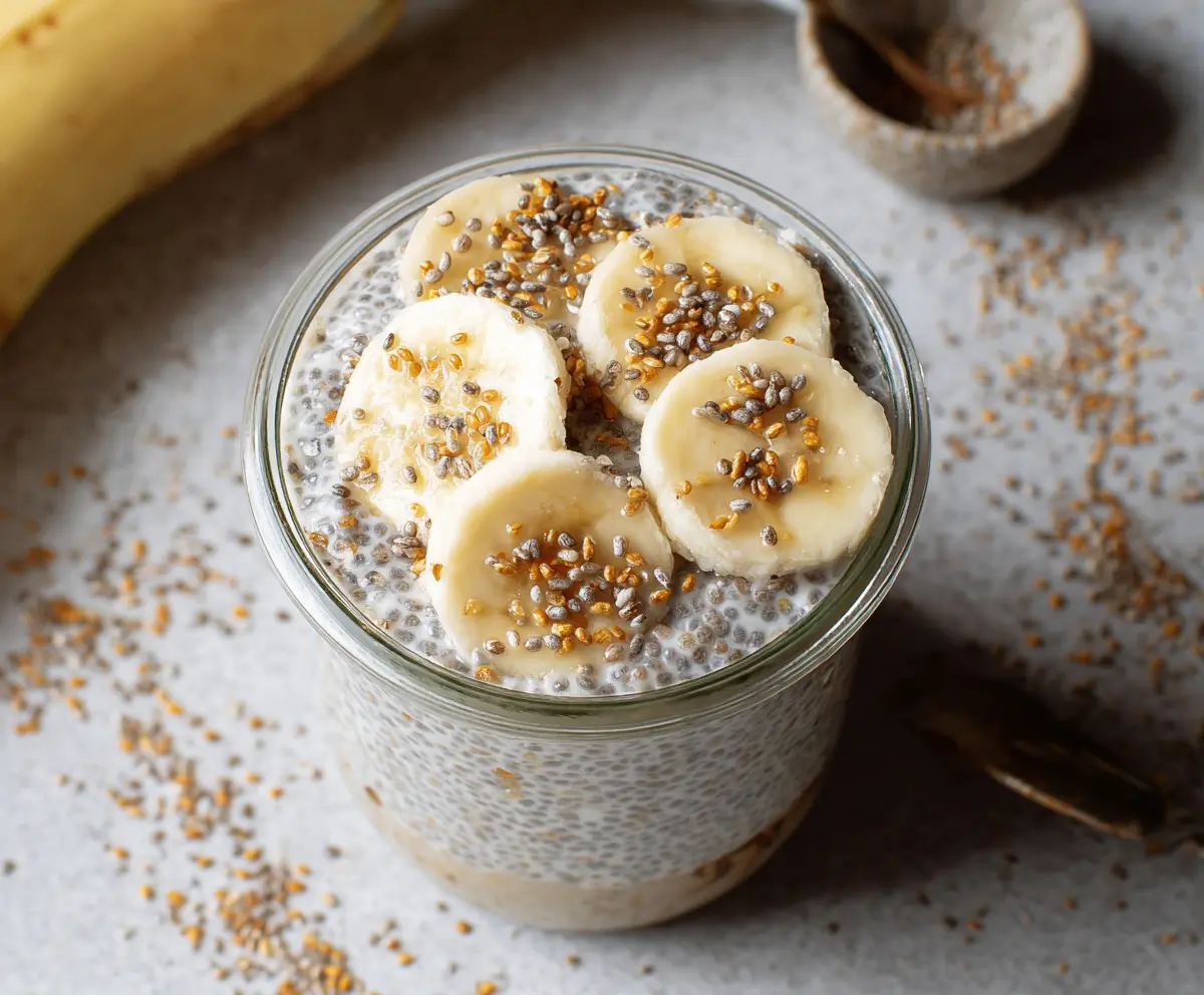 Healthy banana chia pudding served in a glass topped with fresh banana slices and chia seeds.