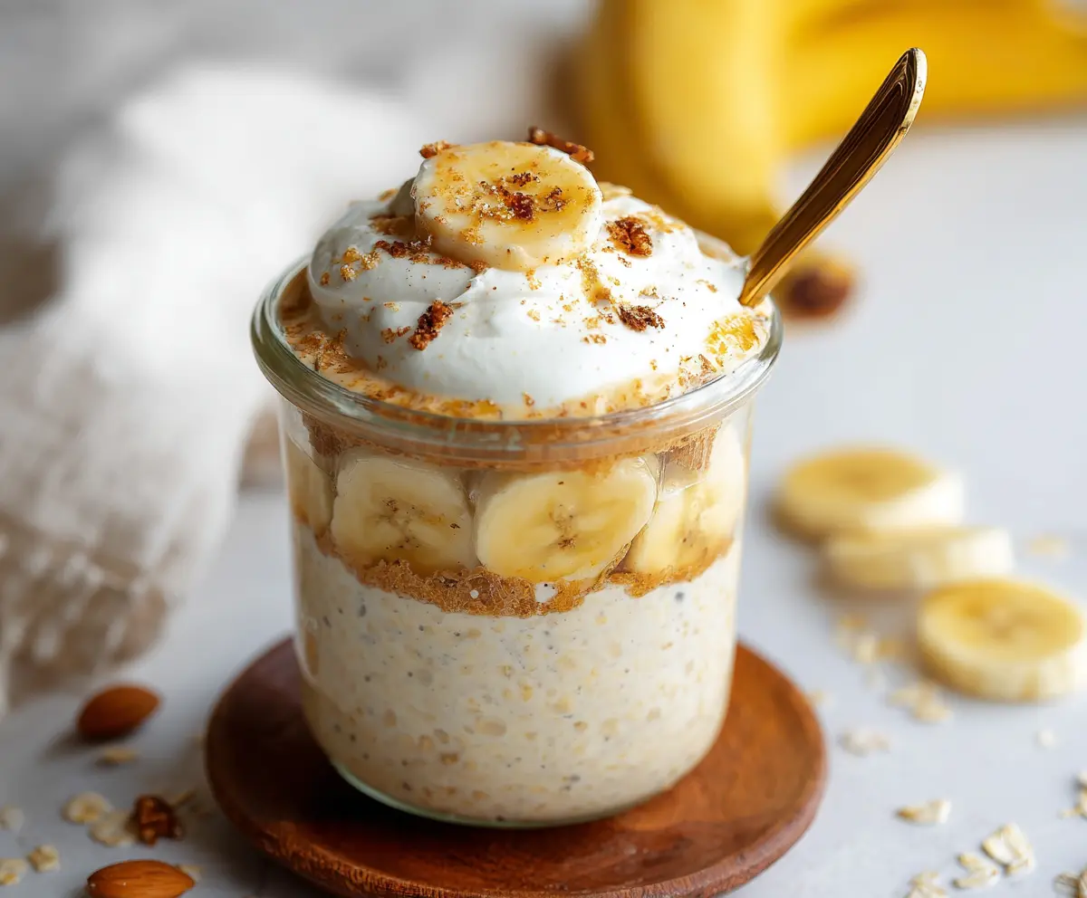 Healthy Banana Cream Pie Protein Overnight Oats in a glass jar, topped with banana slices and whipped cream.