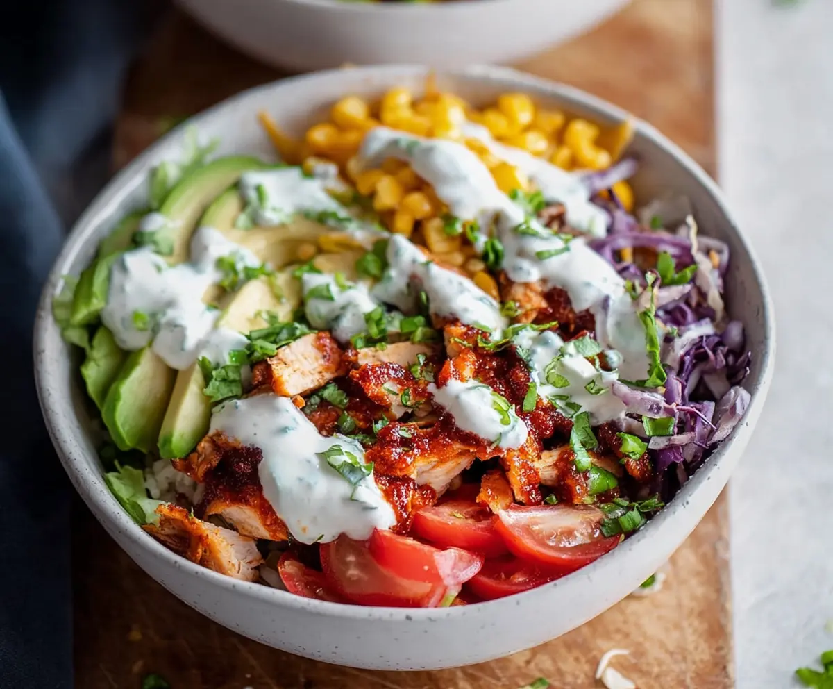 Delicious BBQ Chicken Ranch Bowl with grilled chicken, fresh vegetables, and creamy ranch dressing.