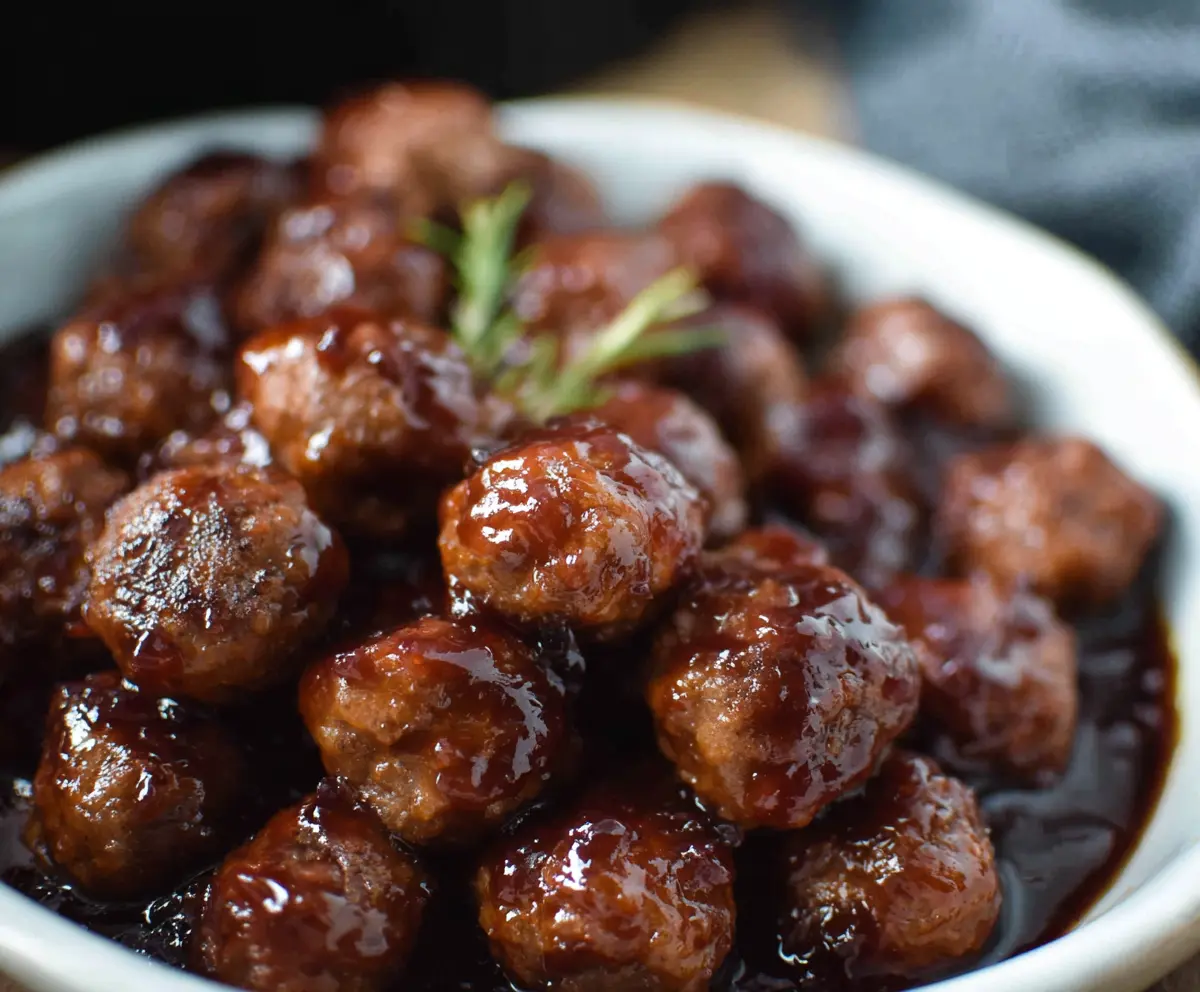 Delicious BBQ grape jelly meatballs served on a white plate highlighting their glossy sauce.