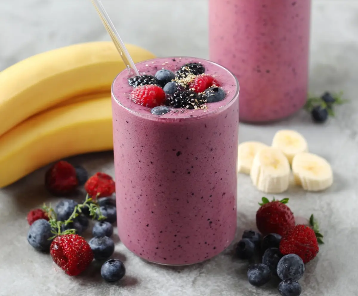 Fresh berry banana smoothie in a glass with strawberries and blueberries on top, perfect for a healthy breakfast.