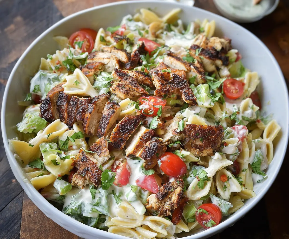 Delicious blackened chicken pasta salad with fresh vegetables and herbs.
