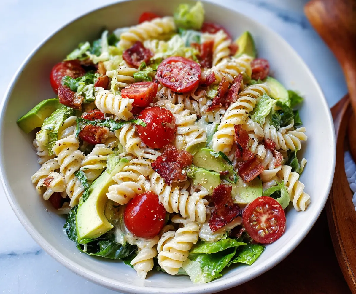 Delicious BLT Pasta Salad with crispy bacon, fresh lettuce, tomatoes, and pasta tossed in savory dressing
