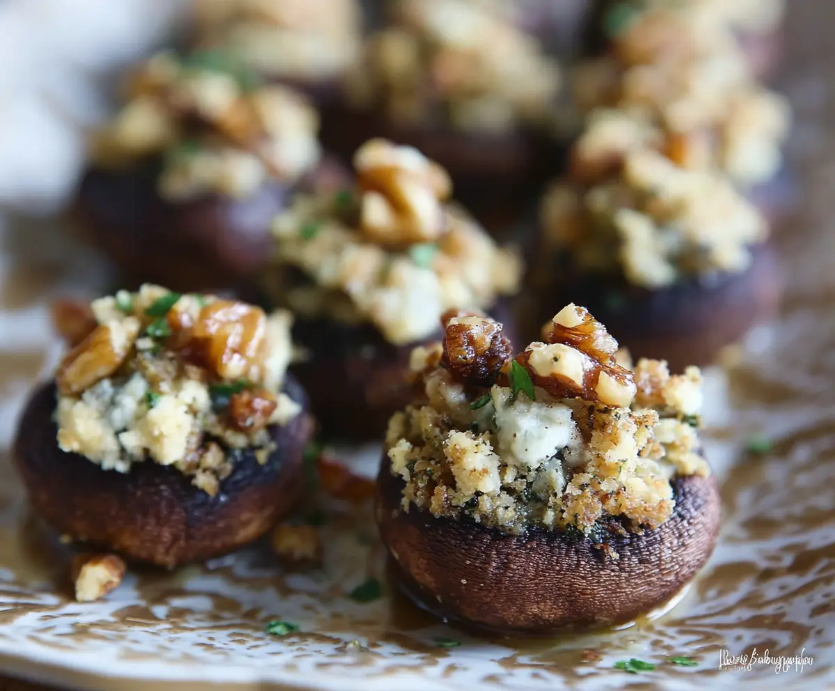 Delicious blue cheese and walnut stuffed mushrooms served as an appetizer.