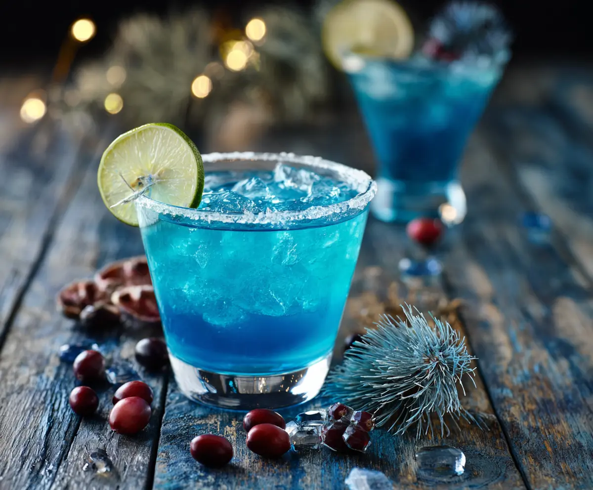 Vibrant Blue Christmas Cocktail garnished with a cherry and mint leaves for a festive holiday drink