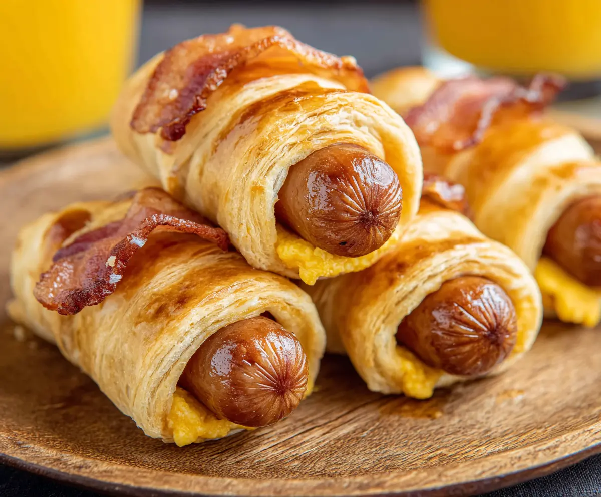 Delicious breakfast pigs in a blanket served with hot dipping sauce.
