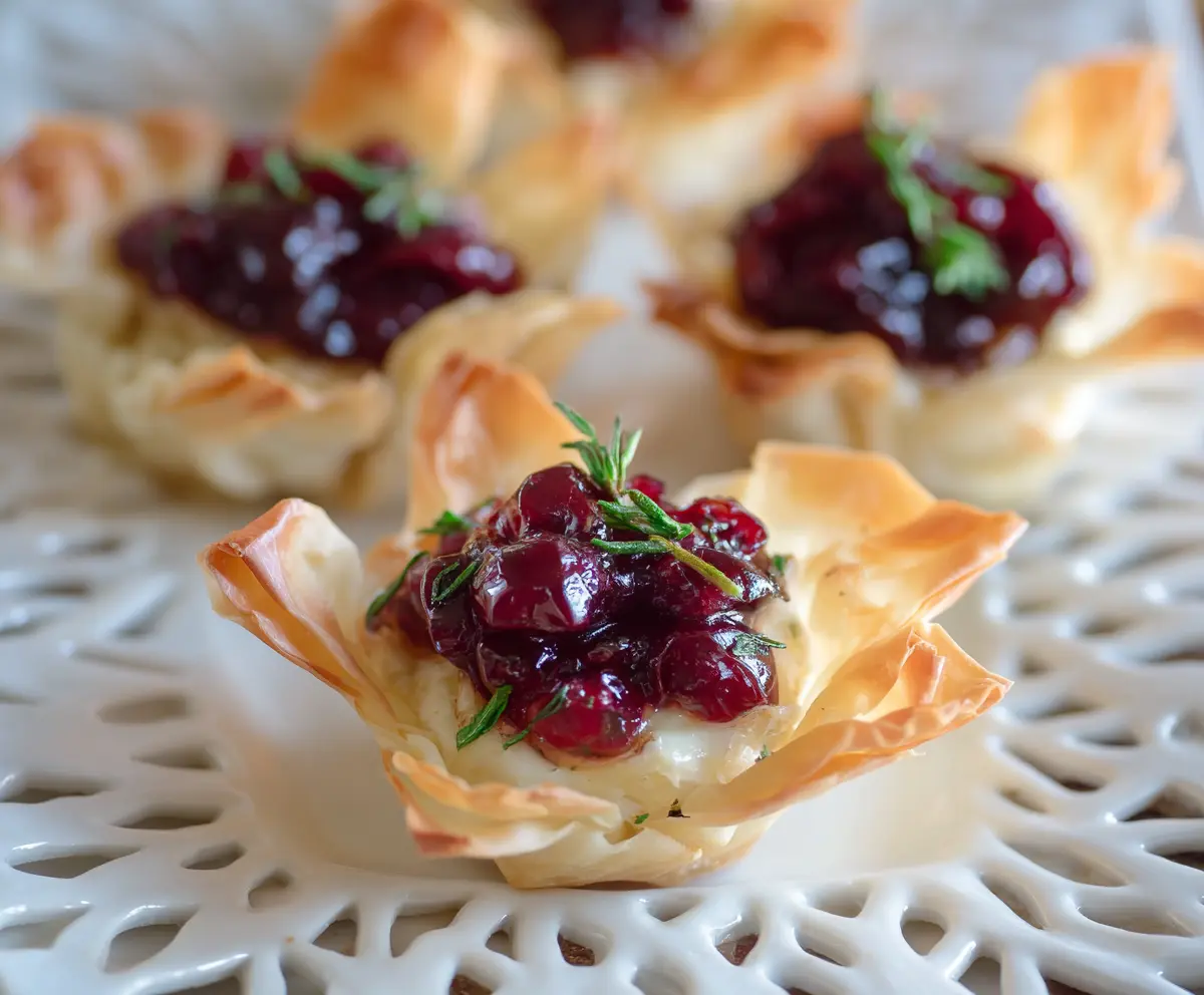 Delicious Brie Cranberry Phyllo Cups garnished with fresh herbs, perfect for holiday appetizers.