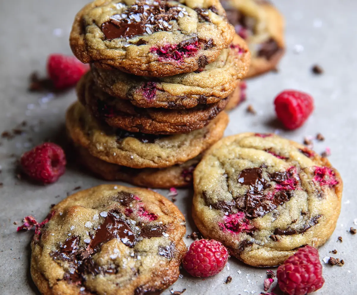Delicious brown butter raspberry chocolate chip cookies on a baking tray, showcasing a perfect blend of fruity and rich flavors.
