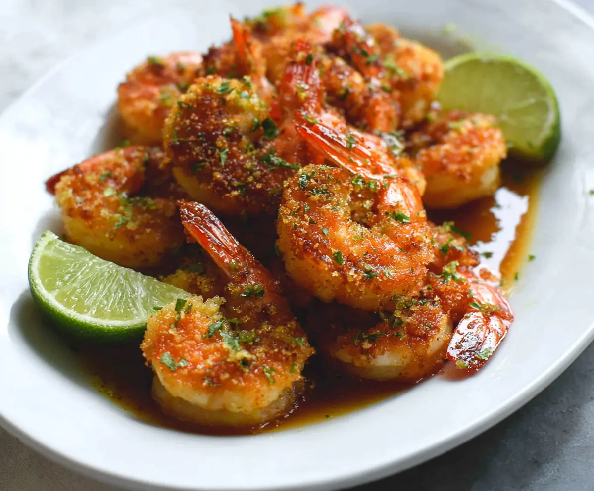 Delicious Brown Sugar Lime Baked Shrimp on a plate garnished with fresh herbs