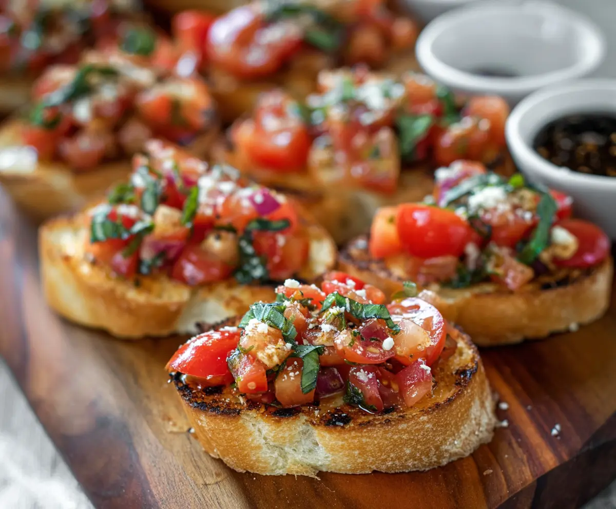 Crispy bruschetta bites topped with fresh tomatoes and basil, served as a delicious appetizer.