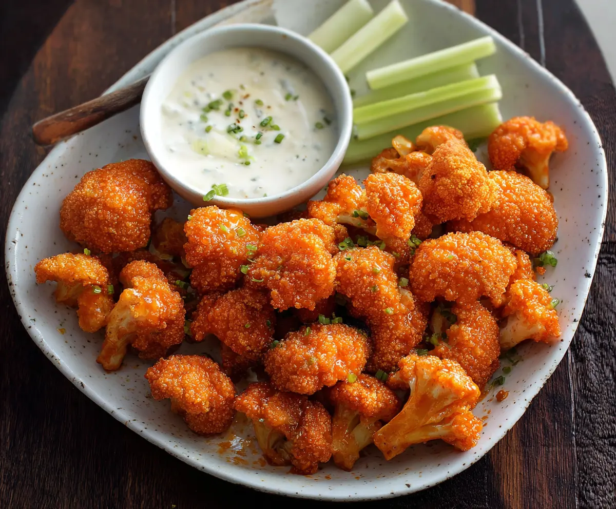 Delicious Buffalo Cauliflower Bites served with dipping sauce, perfect for appetizers or snacks.