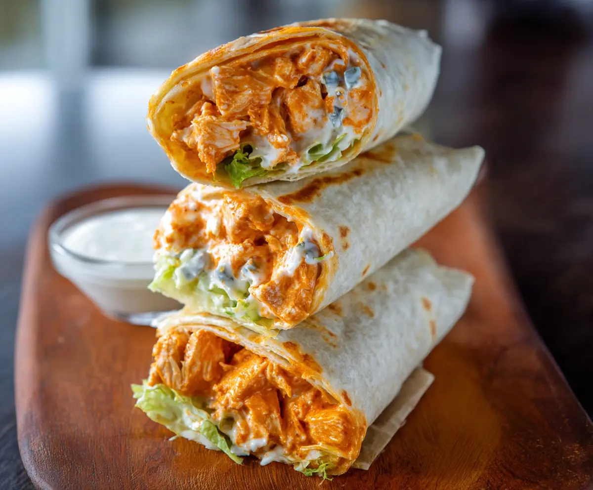 Delicious buffalo chicken wrap with crispy lettuce and creamy dressing, perfect for lunch or snack.