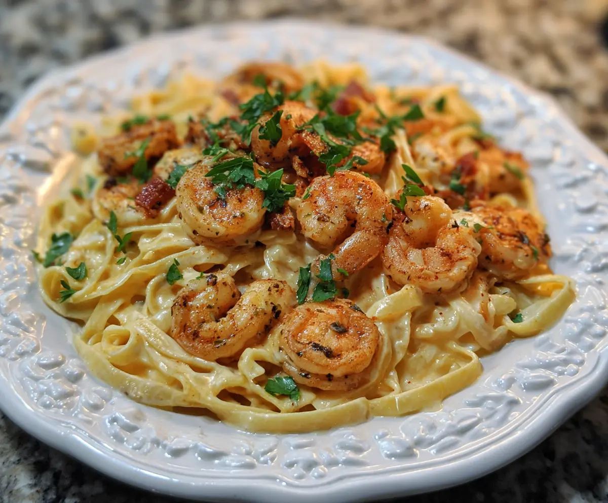 Creamy Cajun Shrimp Alfredo pasta garnished with fresh herbs and grated cheese.