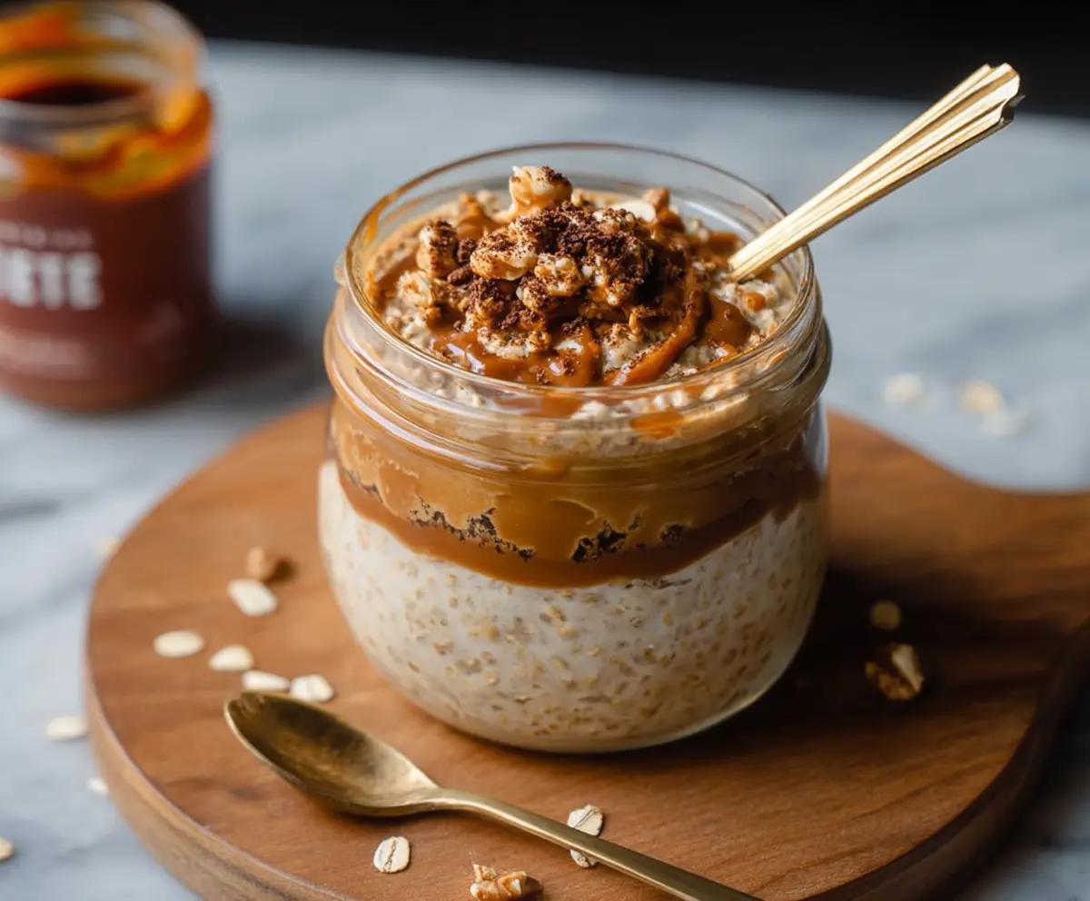 Creamy caramel macchiato overnight oats topped with caramel drizzle and a sprinkle of cinnamon.