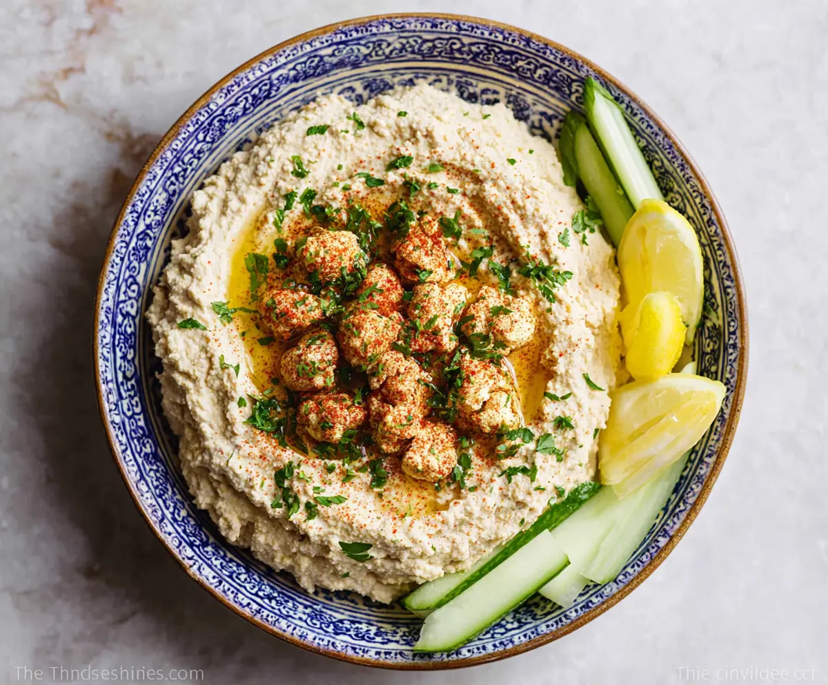 Creamy cauliflower hummus served with fresh veggies and pita bread.