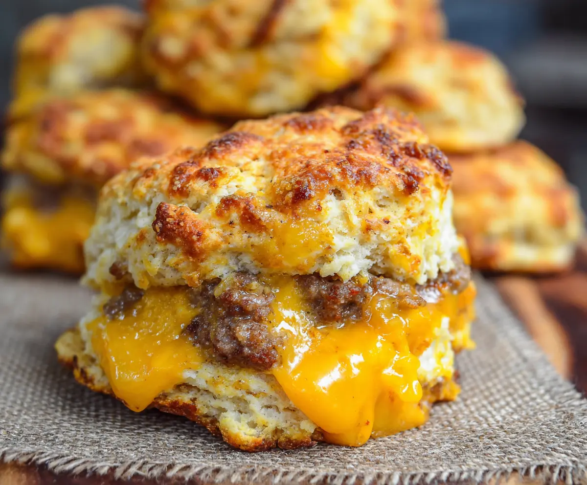 Delicious cheese and sausage biscuit, freshly baked and golden brown.