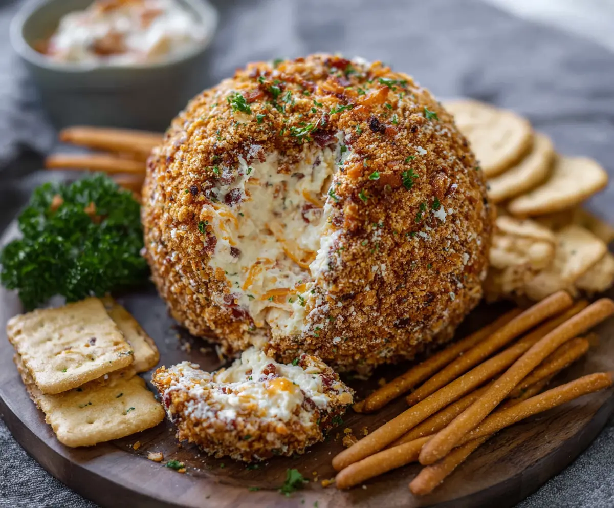 Cream cheese cheese ball garnished with herbs and served as a delicious appetizer.