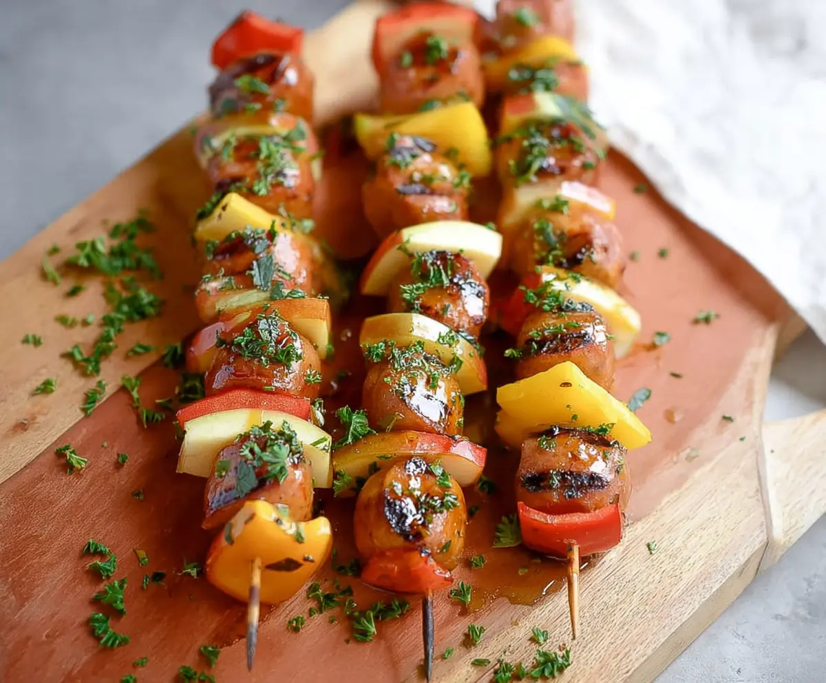 Grilled chicken apple sausage skewers with colorful vegetables for a delicious summer recipe
