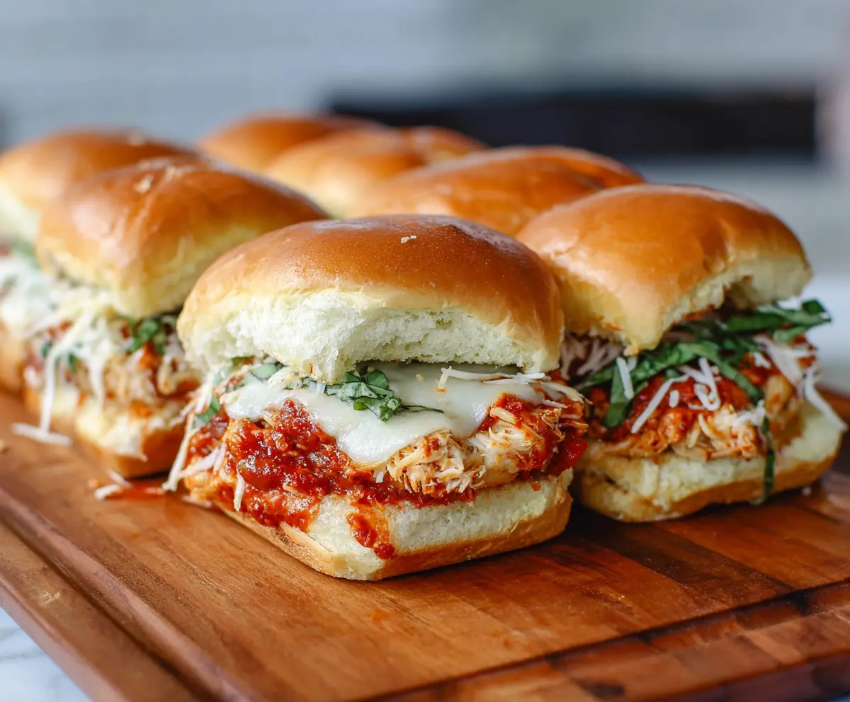 Delicious Chicken Parm Sliders with crispy breaded chicken, marinara sauce, and melted cheese on slider buns