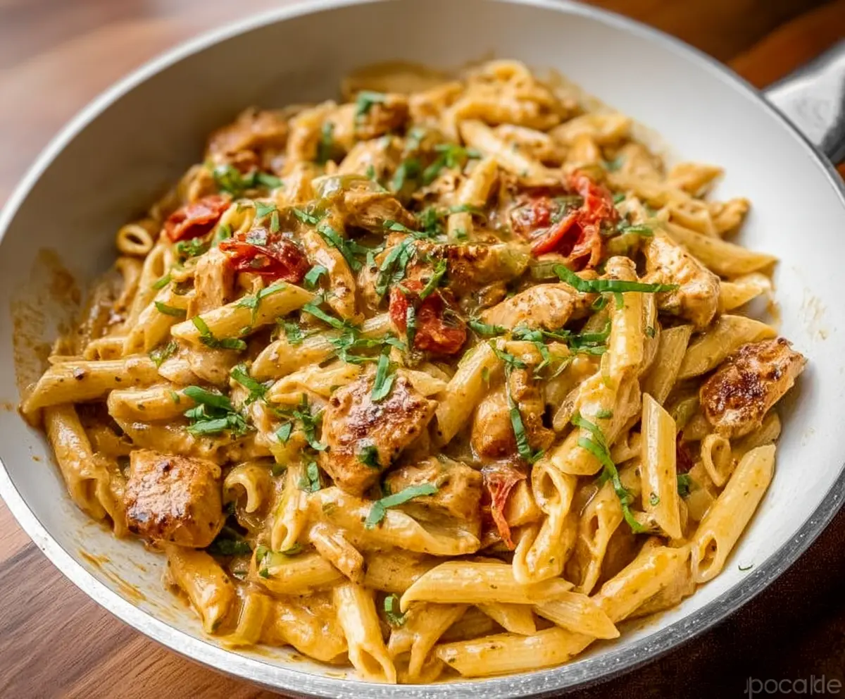 Delicious Chicken Spicy Cajun Pasta garnished with fresh herbs on a white plate