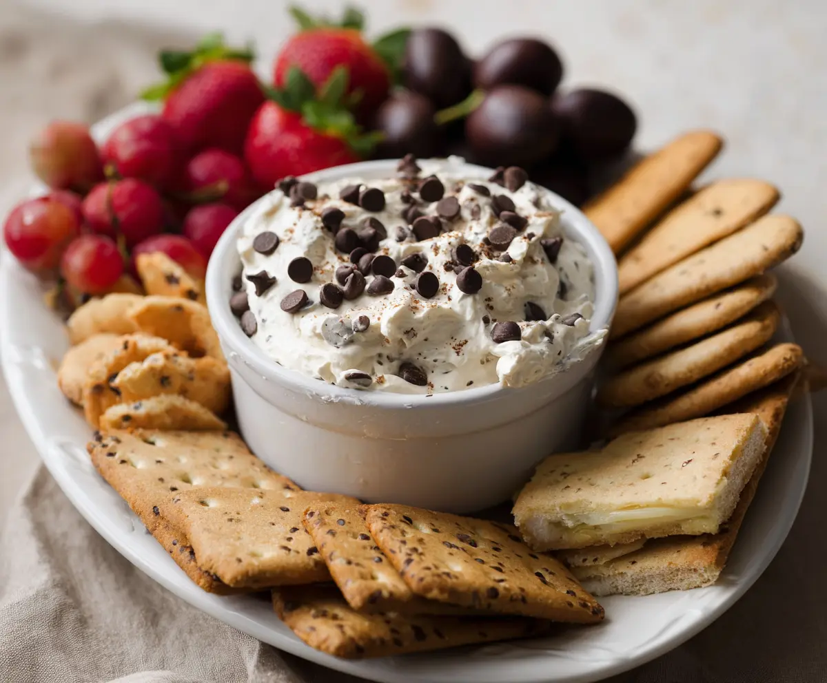 Creamy chocolate chip cream cheese dip served with fresh fruit for a delicious snack.