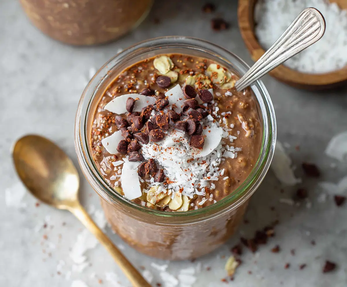 Healthy chocolate coconut overnight oats in a glass jar topped with shredded coconut and chocolate chips.