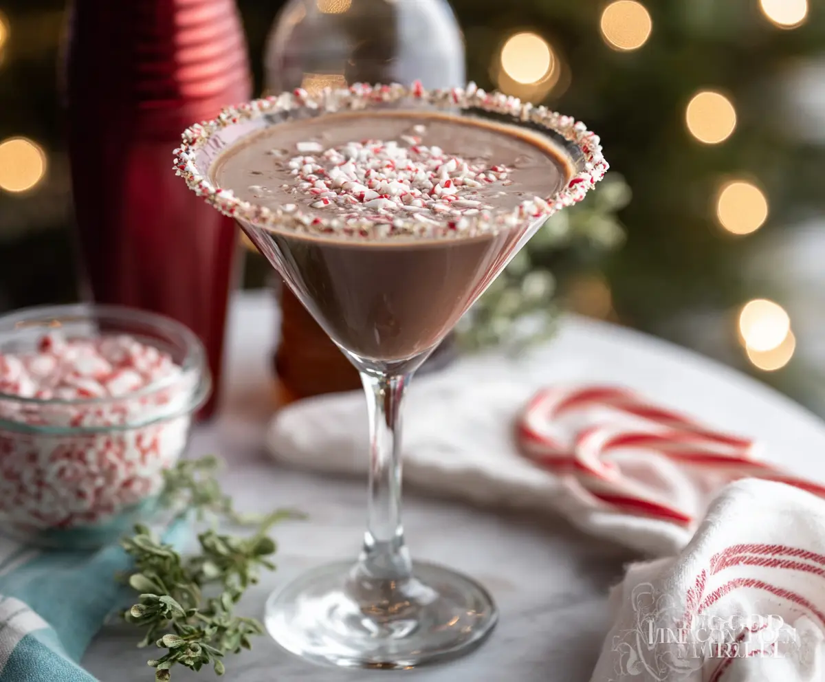 Delicious Chocolate Peppermint Martini in a glass garnished with mint and peppermint candy