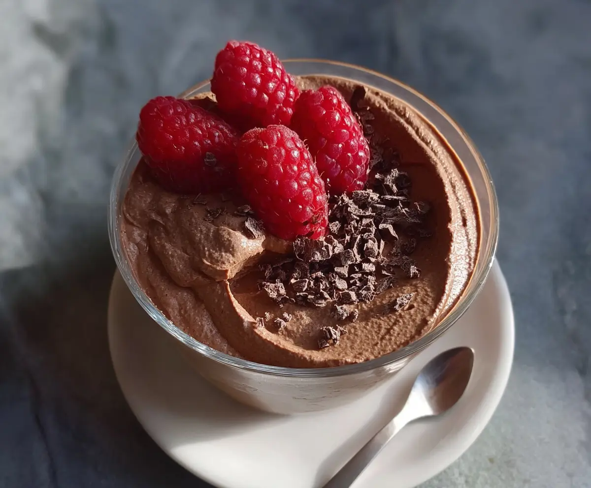 Delicious homemade chocolate protein mousse in a glass bowl topped with chocolate shavings