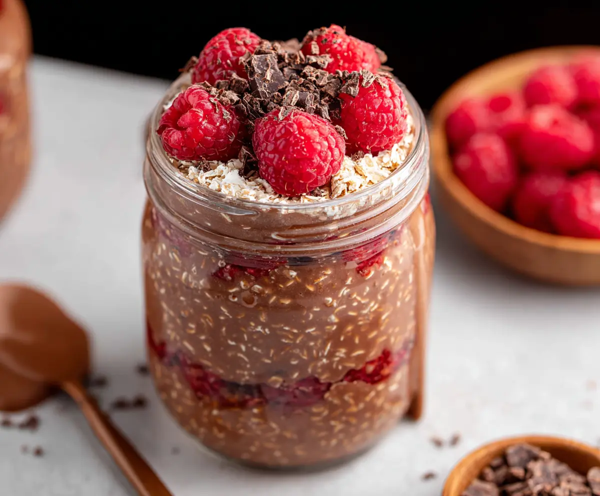 Creamy Chocolate Raspberry Overnight Oats in a glass jar topped with fresh raspberries and chocolate shavings.