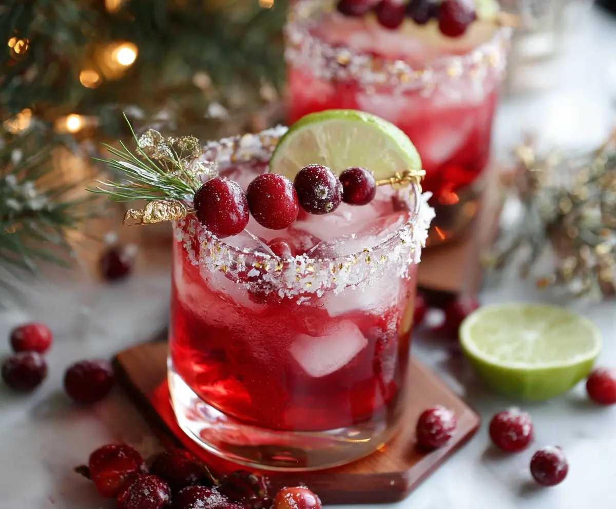 Festive Christmas Cranberry Margarita cocktail garnished with fresh cranberries and mint for holiday celebration.