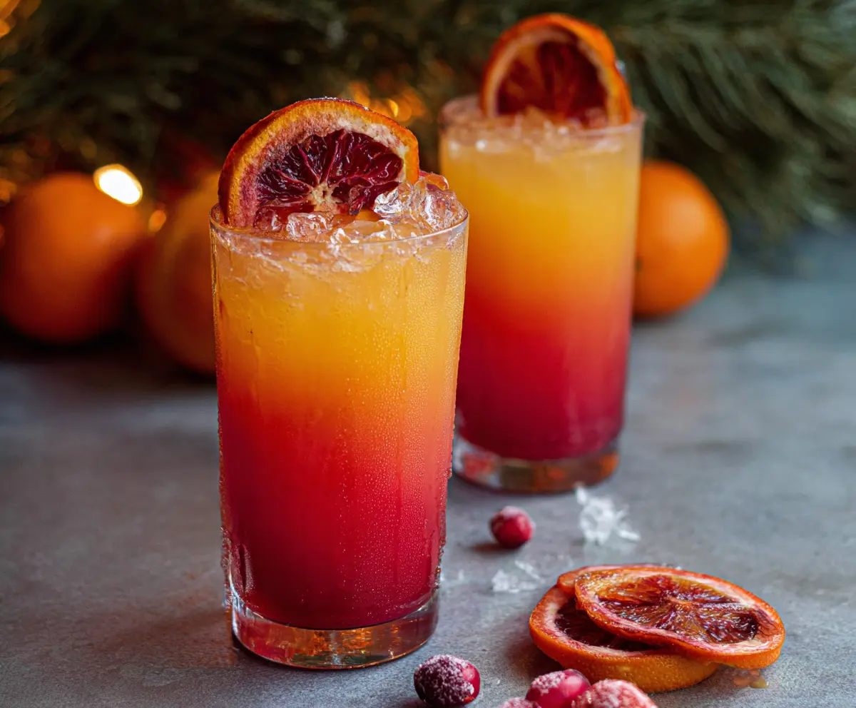 Festive Christmas Tequila Sunrise cocktail with vibrant orange and red colors, garnished with cherry and mint.