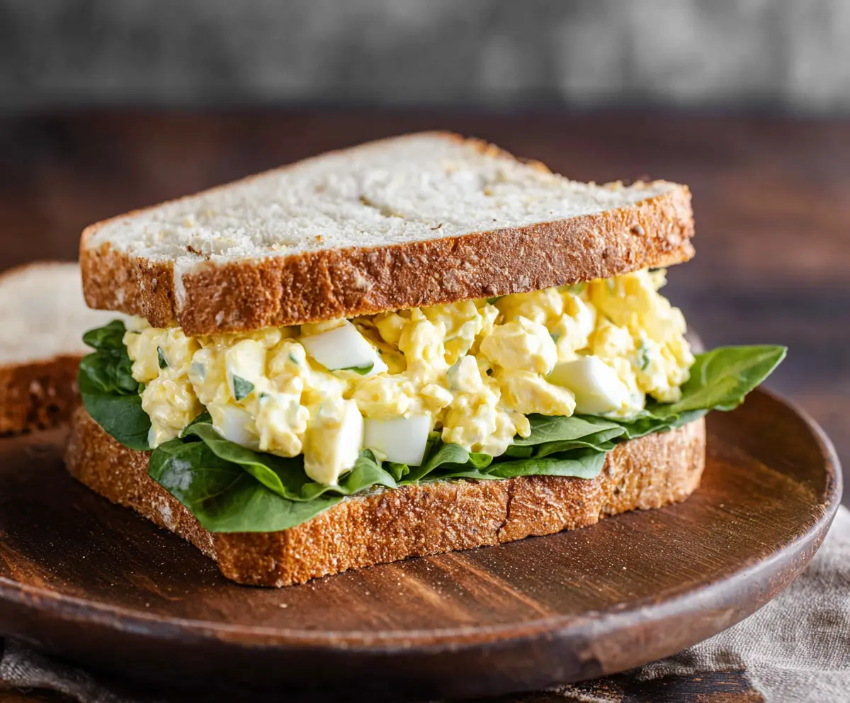 Creamy classic egg salad sandwich on whole wheat bread with fresh lettuce and a side of crispy potato chips.