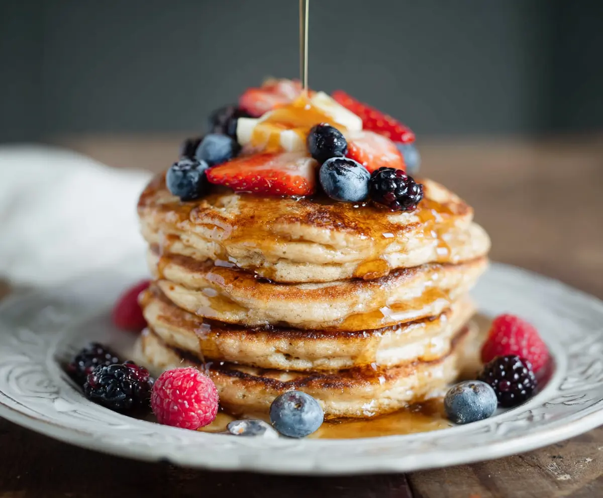 Healthy cottage cheese protein pancakes stacked on a plate, garnished with fresh berries and a drizzle of honey.