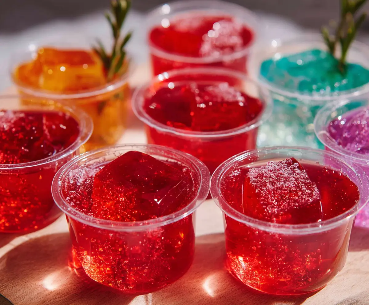 Delicious Crantini Jello Shots, vibrant red and garnished with fresh cranberries.