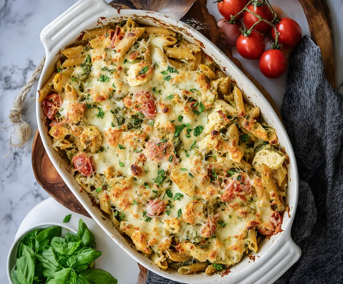 Creamy basil pesto chicken pasta bake in a casserole dish with melted cheese and fresh basil garnish.