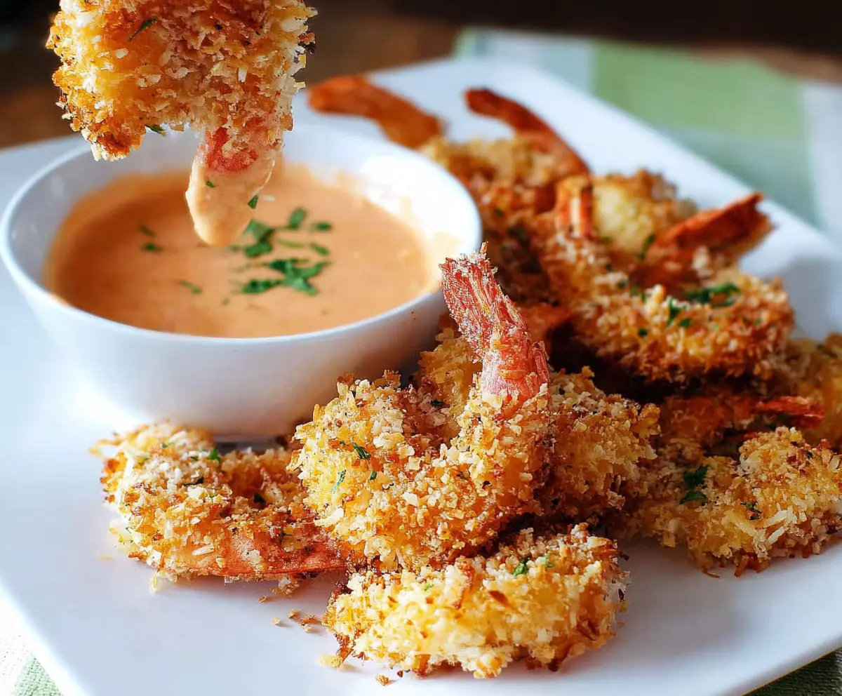 Crispy baked coconut shrimp served with a side of fresh vegetables