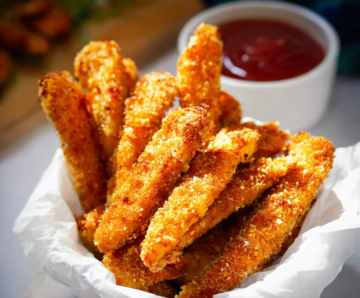 Golden crispy chicken fries served with dipping sauce on a plate
