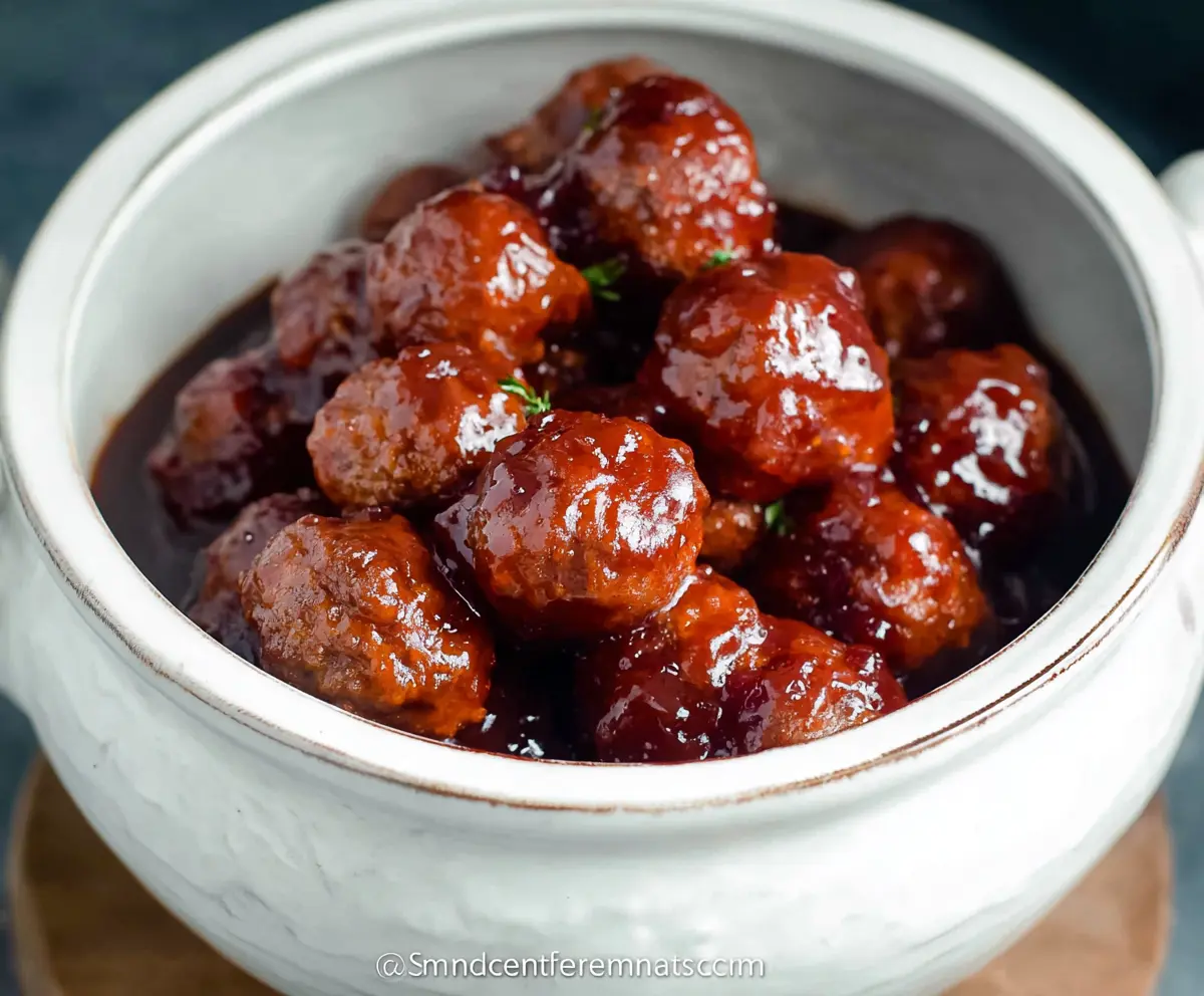 Delicious crockpot grape jelly meatballs served in a bowl, perfect for parties and family dinners.