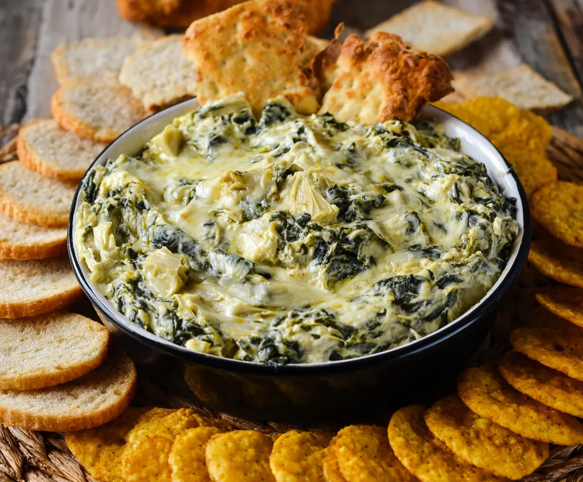 Creamy crockpot spinach and artichoke dip served in a bowl, perfect for parties and gatherings.