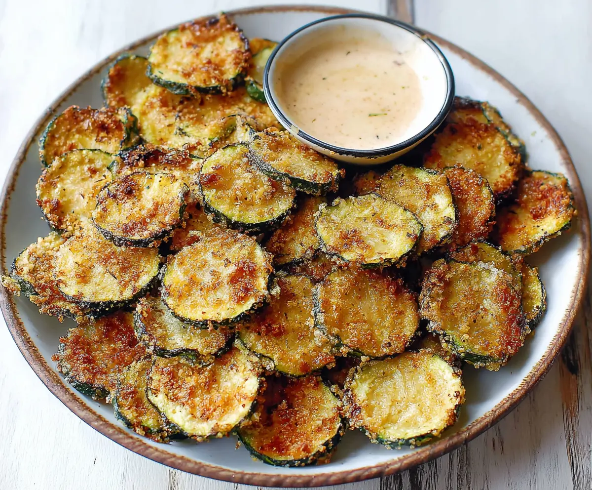 Crispy baked zucchini chips seasoned with herbs on a white plate
