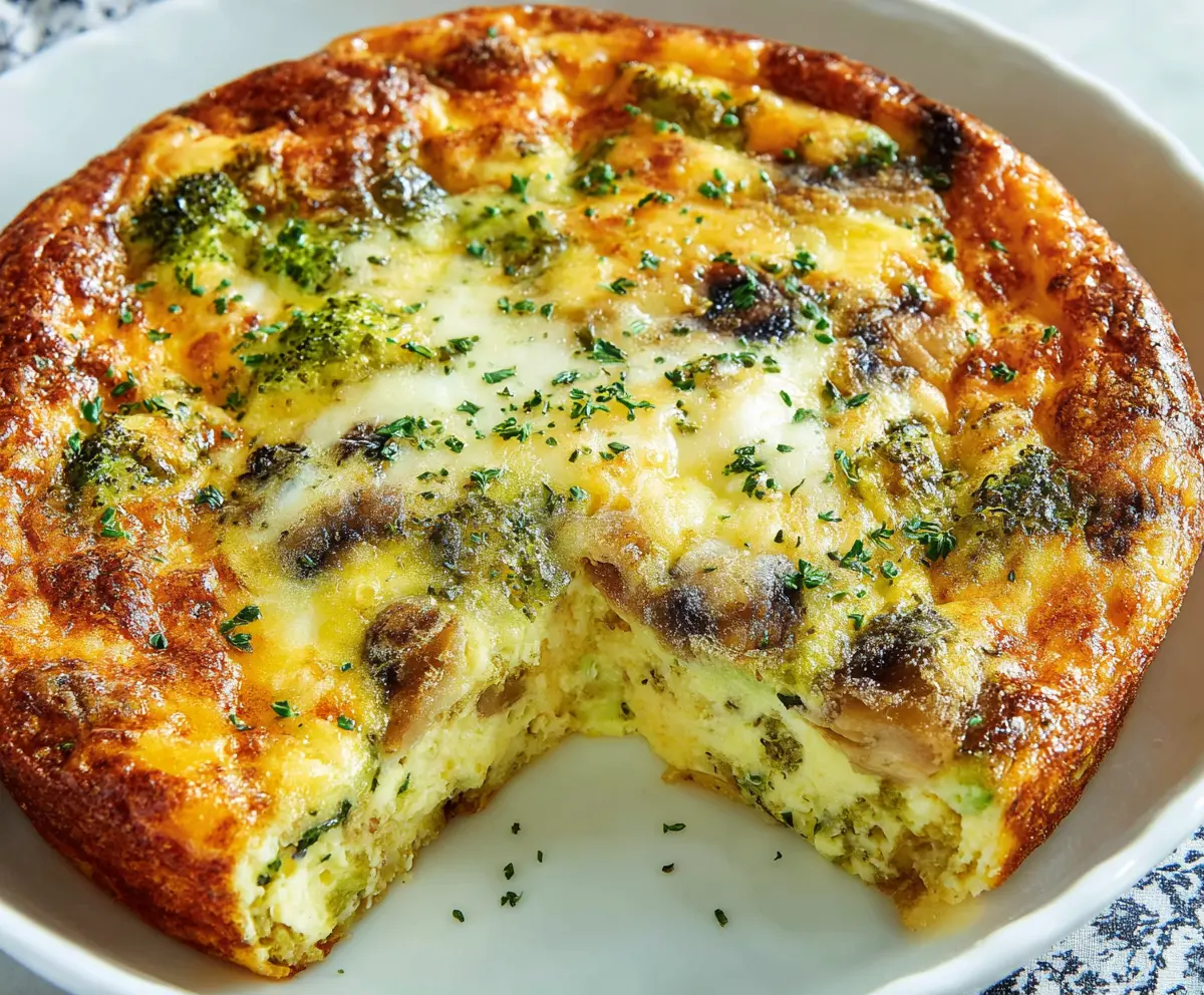 Delicious crustless quiche with vegetables and cheese on a plate.