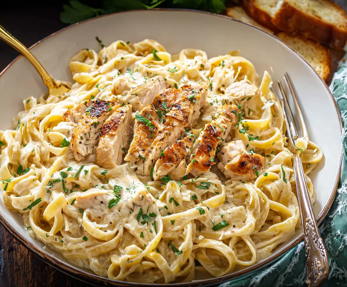 Creamy Fettuccine Alfredo with tender chicken slices on a white plate, garnished with parsley.